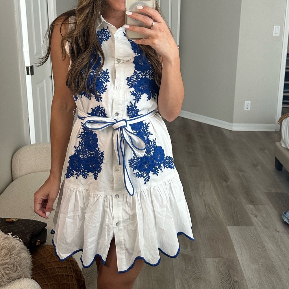 Elegant White and Blue Embroidered Dress